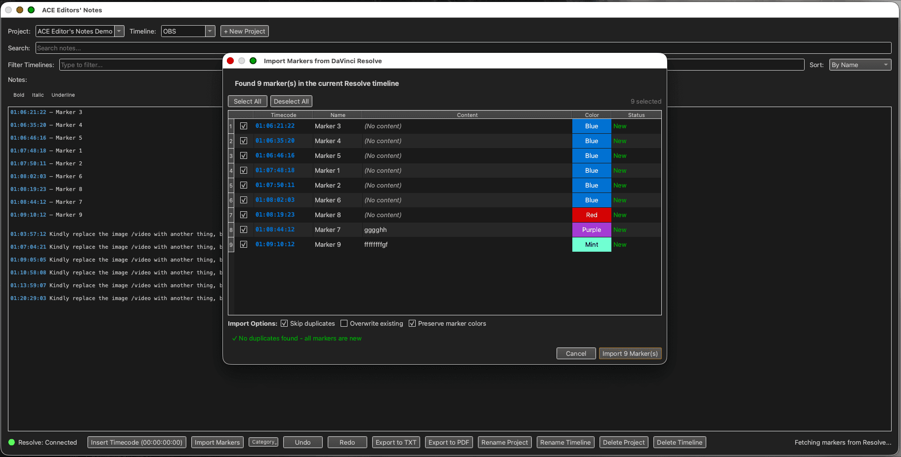 Import Markers — pull Resolve timeline markers into your notes with colors and comments