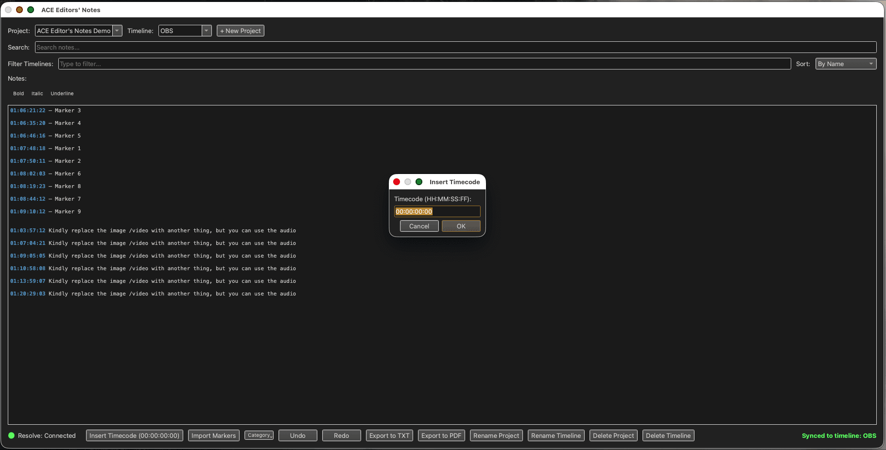 Insert Timecode — type a timecode and it becomes clickable, seeking Resolve to that frame