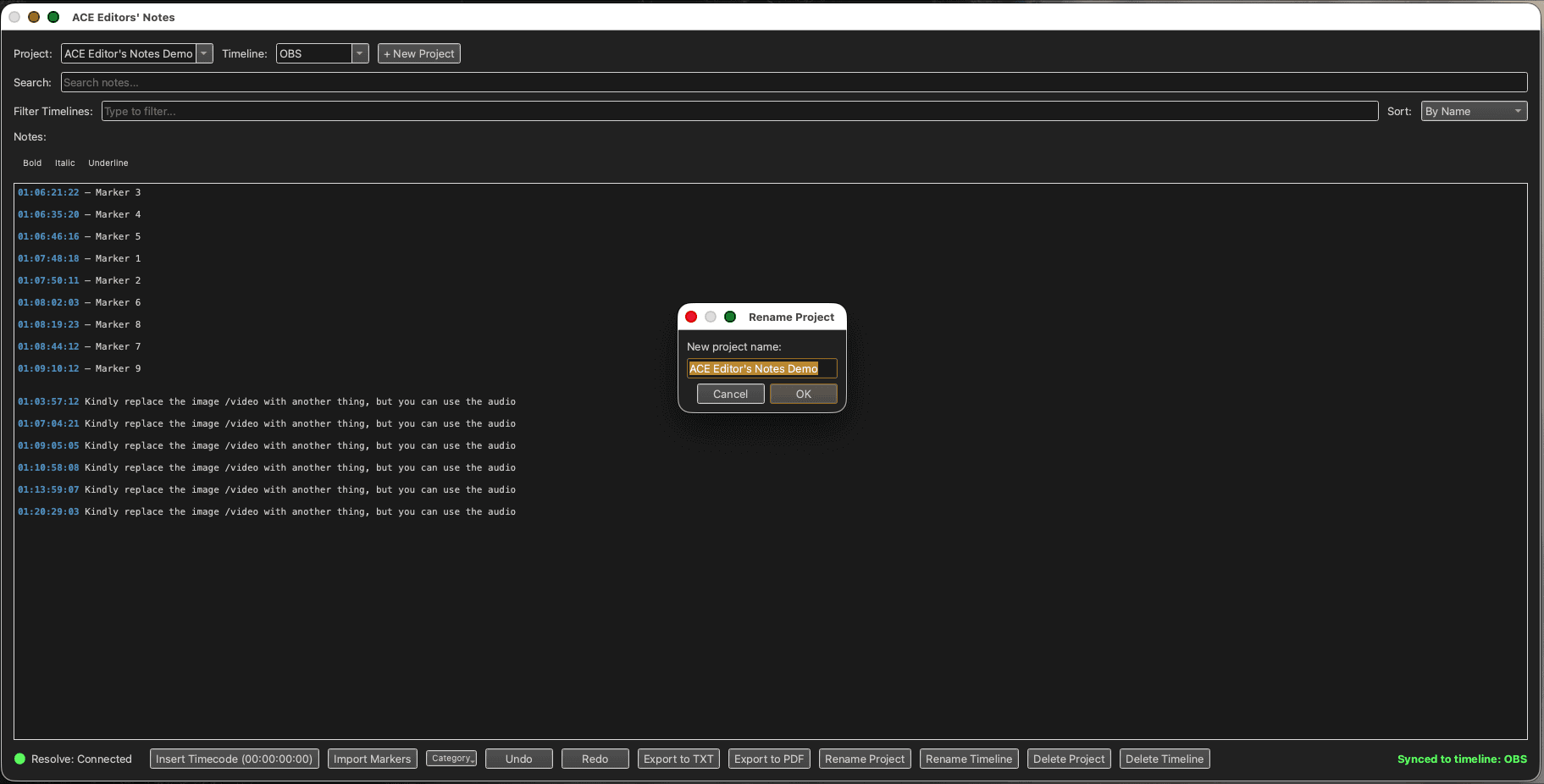 Rename Project — manage multiple projects, each with its own isolated notes