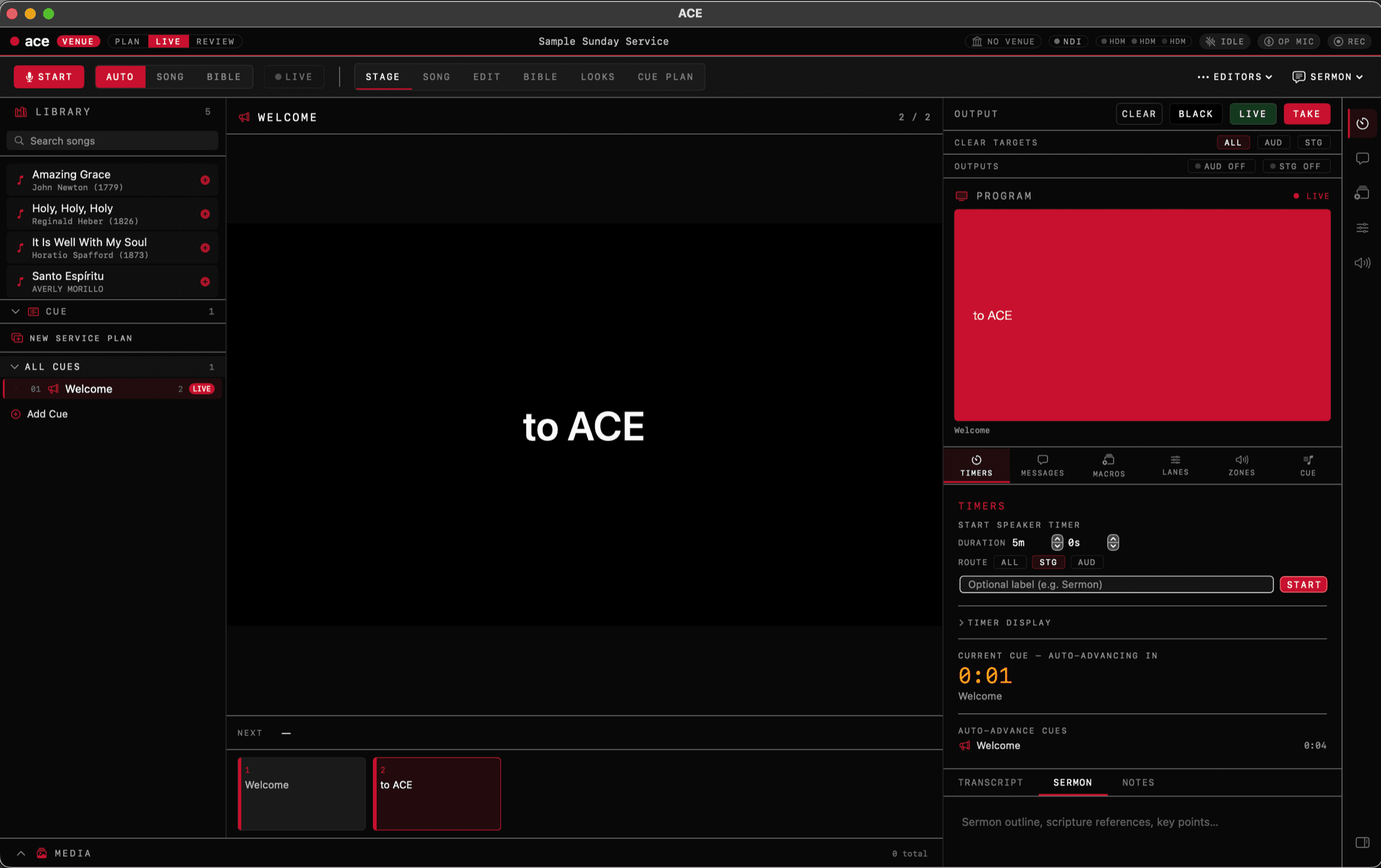 ACE Presenter stage display showing live lyrics
