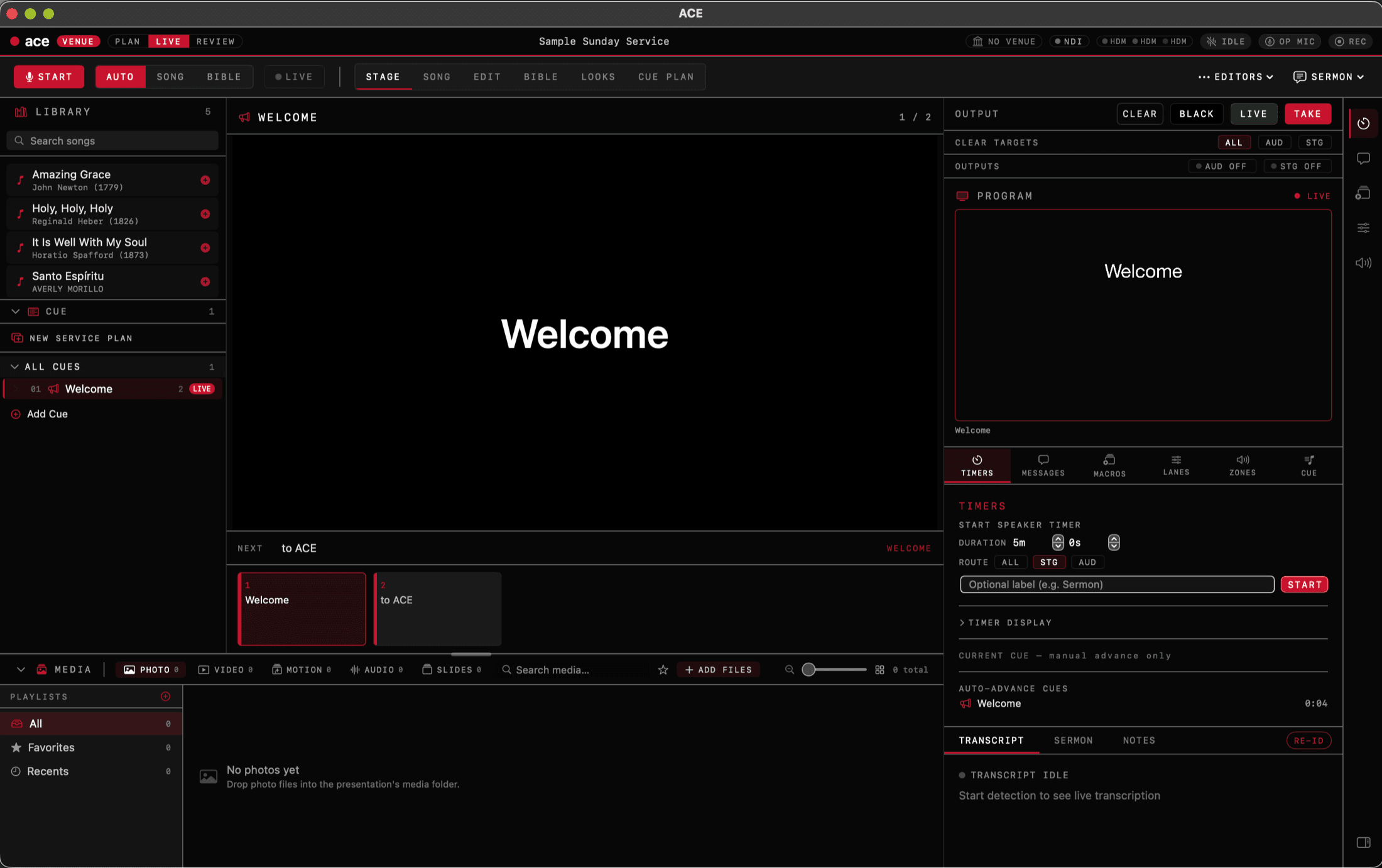 ACE Presenter running a live service — library, stage preview, and program output