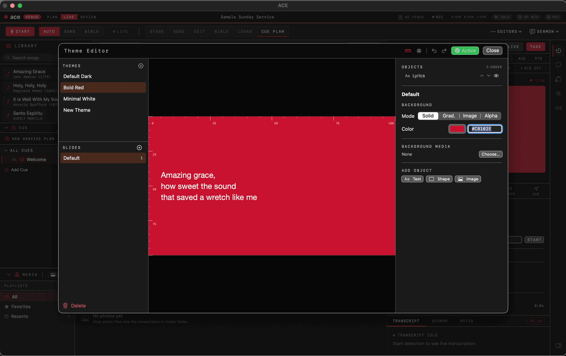 ACE Presenter theme editor with lyrics on a red background