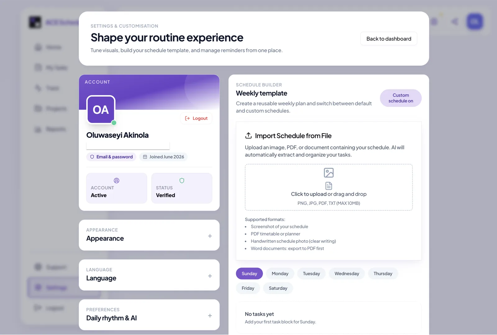 Settings & sync — ACE Schedule Manager